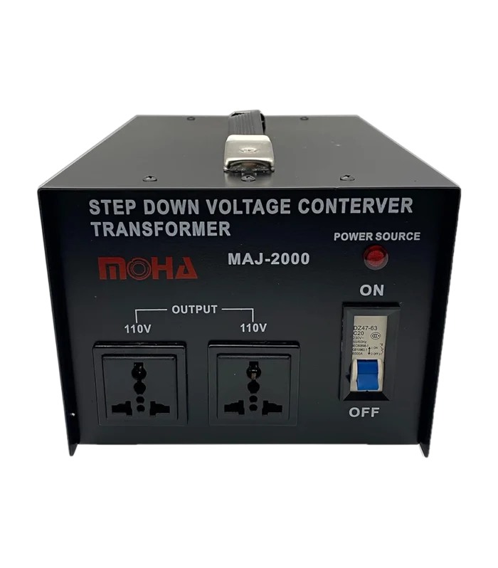 voltage converter by moha, 2000w capacity, which converts voltage from 220v to 110v for american appliances to be used in UAE