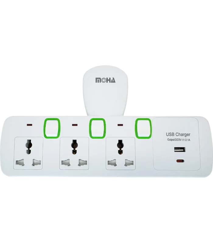 Moha multi plug extension adapter with 3 outlets, USB-A and USB-C ports