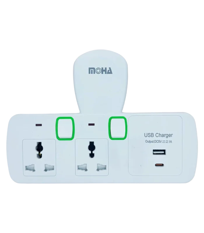 MOHA 77-6103TU 3 way universal plug adaptor with USB-A and USB-C ports white