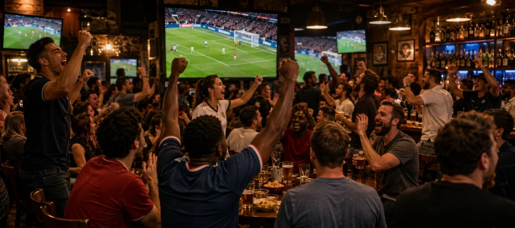 people at a pub enjoying a game of football