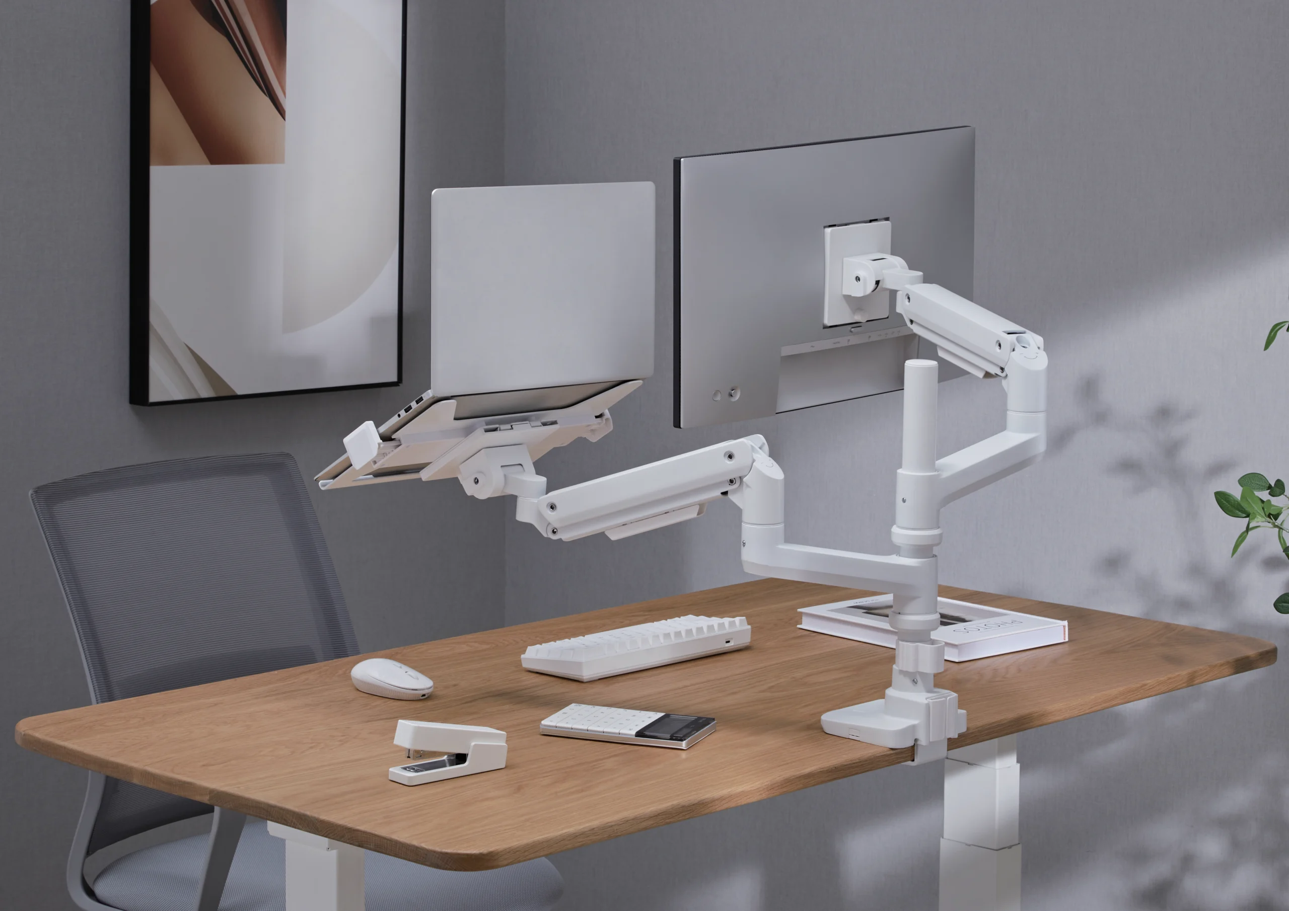 laptop and monitor mount, in an office setting by newstar, it is for heavy duty monitor
